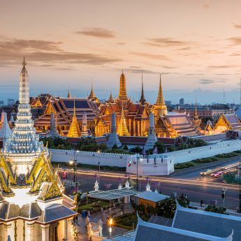 Grand palace and Wat phra keaw at sunset The beautiful landmark of Thailand.
